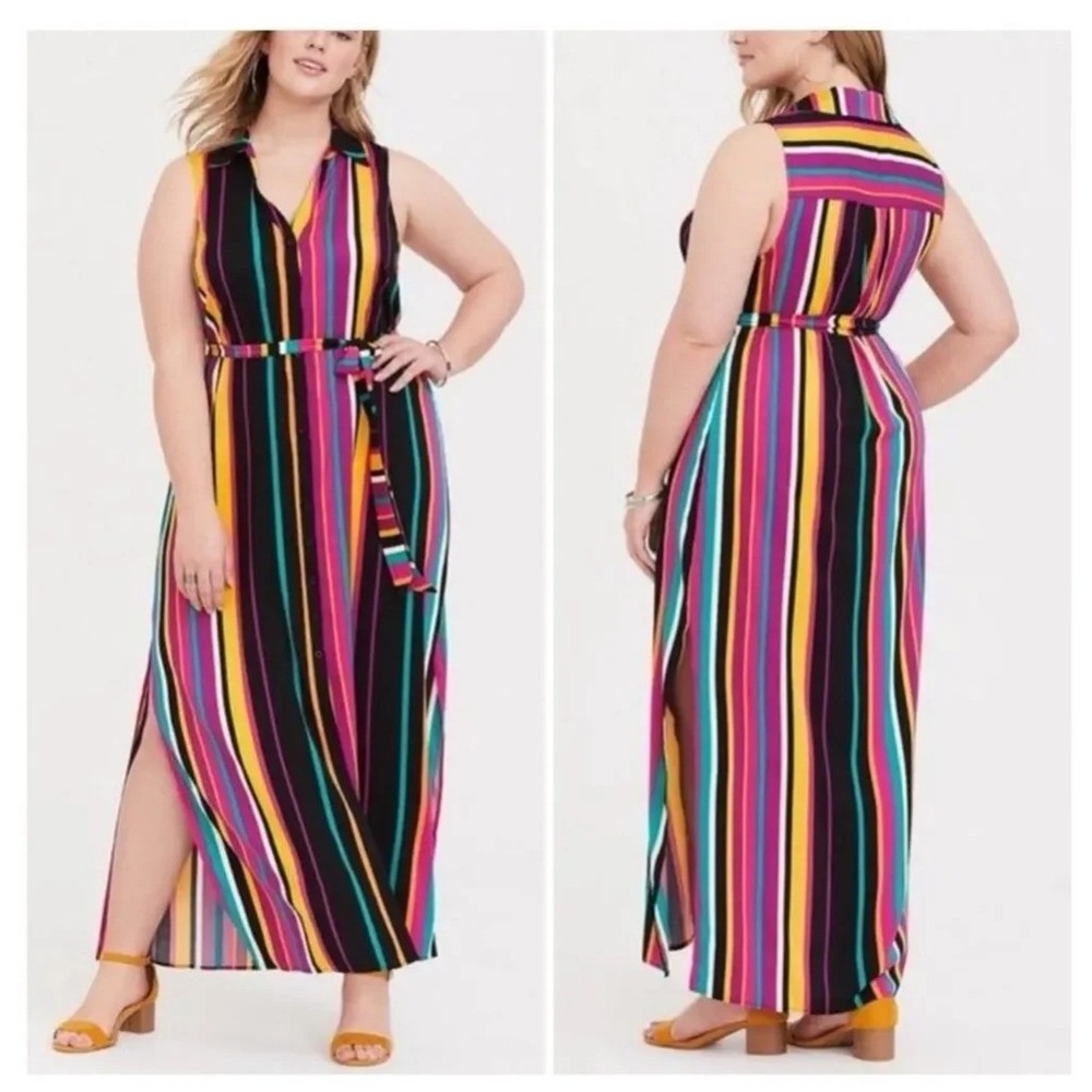 Torrid Plus Size 6 Women's Striped Maxi Dress Multicolor Button Front Side Slits